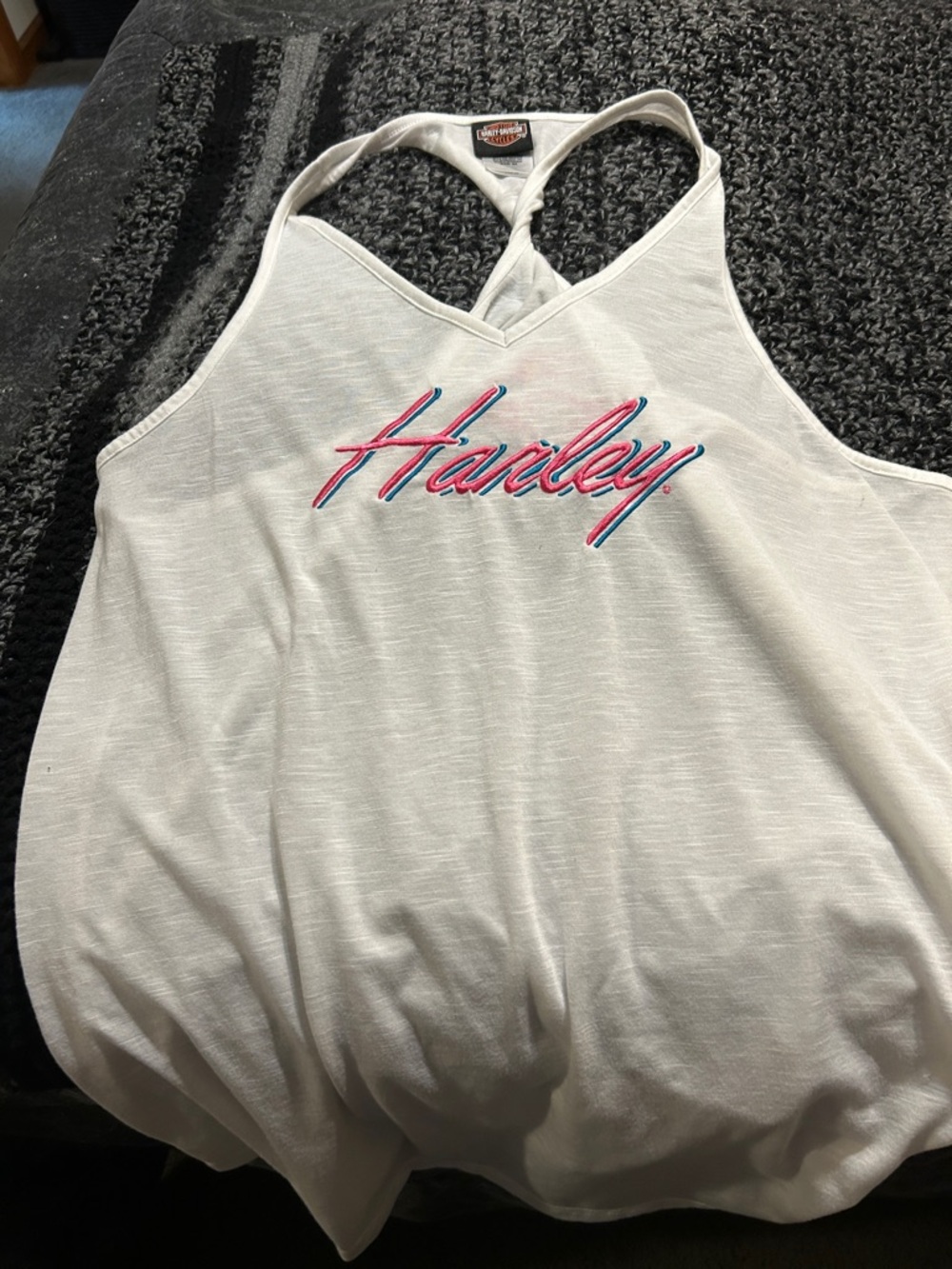 Harley-Davidson White Racerback Tank with Pink & Blue Script
